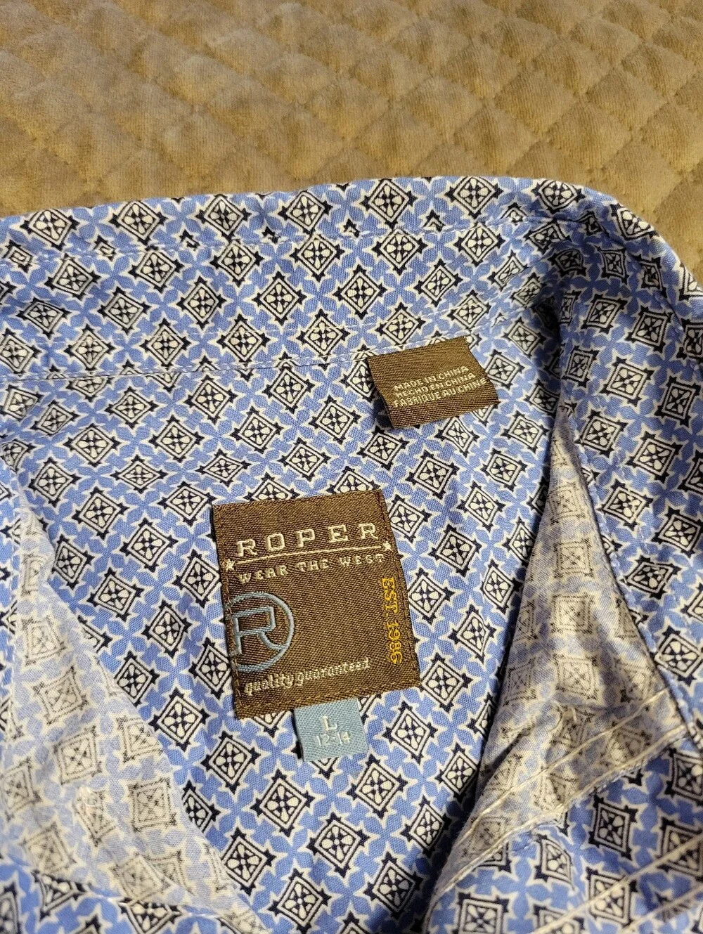 Roper Large 12/14 youth western cowboy long‎ sleeve shirt blue and white